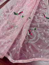 Pastel Baby Pink tissue net dupatta with silver zari & parrot motifs — Kaash Collection