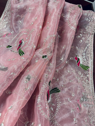 Pastel Baby Pink tissue net dupatta with silver zari & parrot motifs — Kaash Collection