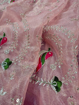 Pastel Baby Pink tissue net dupatta with silver zari & parrot motifs — Kaash Collection