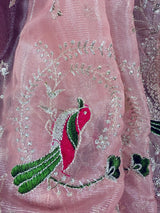 Pastel Baby Pink tissue net dupatta with silver zari & parrot motifs — Kaash Collection