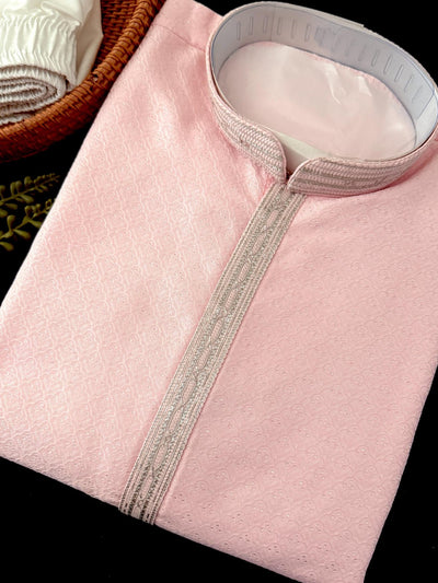 Pastel Baby Pink Silk Kurta with Zari Embroidery | Men's Wedding Festive Wear - Kaash