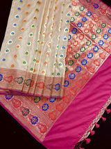 Pastel Beige Color Banarasi Silk Saree with Meenakari Work and Muted Zari Weave - Kaash