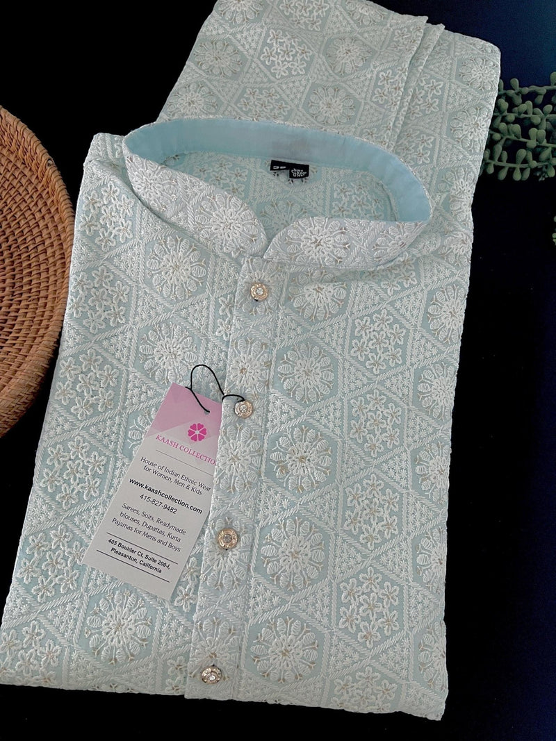 Pastel Blue men's kurta pajama in pure cotton with lucknowi chikankari with silver sequin — Kaash Collection