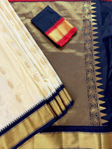 Pastel Cream with Blue & Pink Borders banarasi silk saree with ganga-yamuna border, muted zari & temple border — Kaash Collection