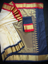 Pastel Cream with Blue & Pink Borders banarasi silk saree with ganga-yamuna border, muted zari & temple border — Kaash Collection