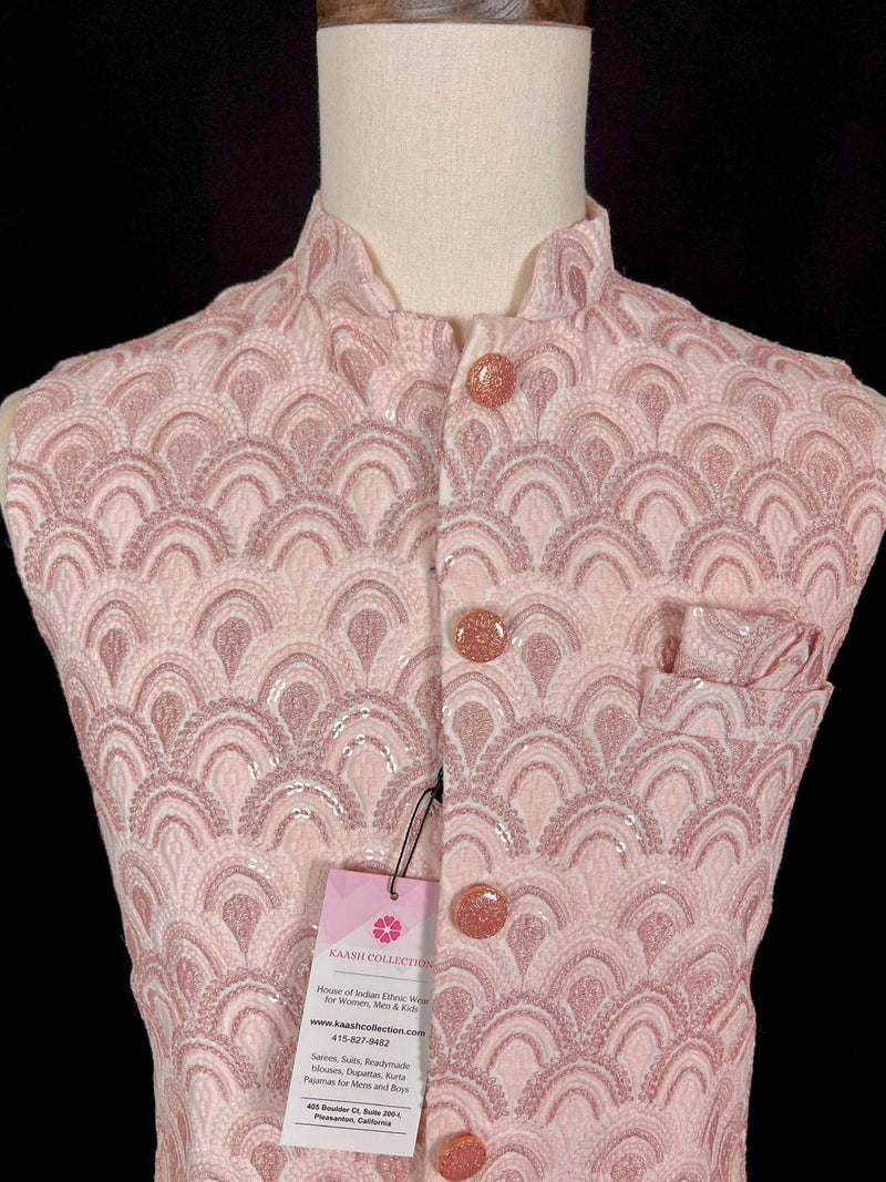 Pastel Dusty Pink men's Nehru/Modi jacket in cotton silk with embroidery, thread & sequin work — Kaash Collection