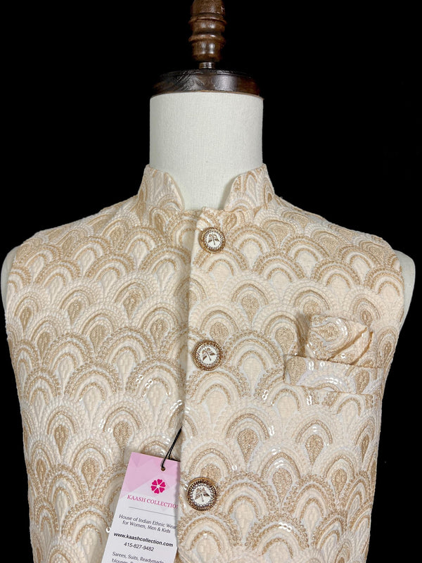 Pastel Gold Jacket for Men with Embroidery, thread and Sequin Work | Jacket for Kurta | Mens Wedding Wear Outfit | Men Waistcoat - Kaash