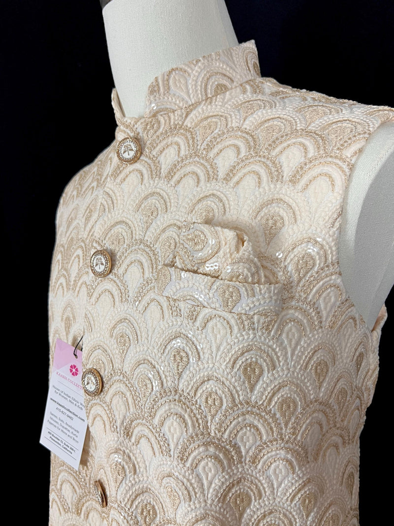Pastel Gold Jacket for Men with Embroidery, thread and Sequin Work | Jacket for Kurta | Mens Wedding Wear Outfit | Men Waistcoat - Kaash