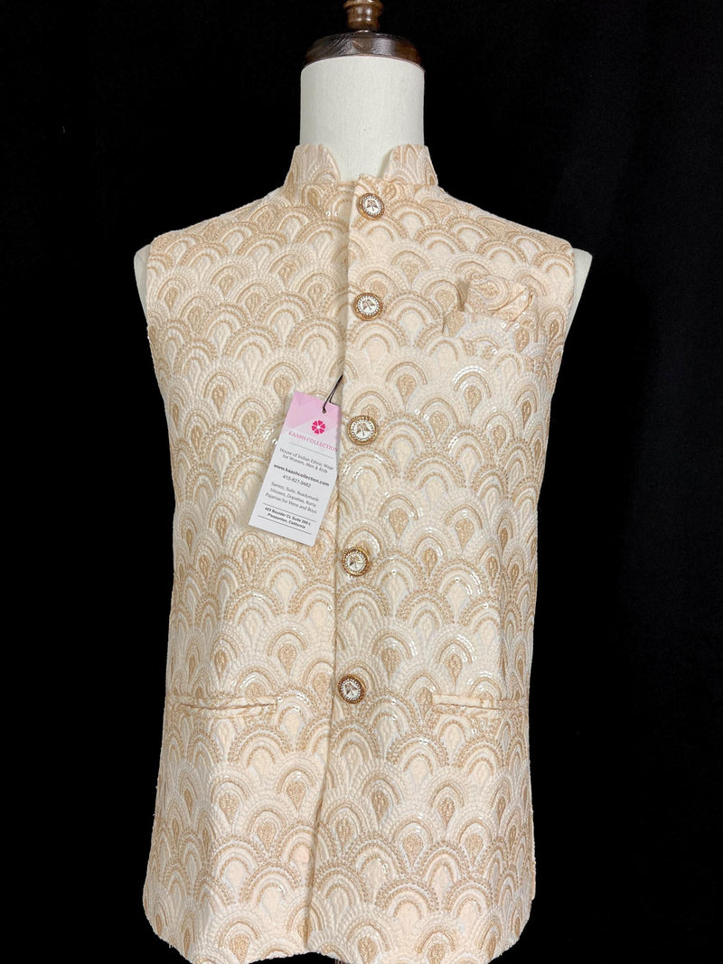 Pastel Gold Jacket for Men with Embroidery, thread and Sequin Work | Jacket for Kurta | Mens Wedding Wear Outfit | Men Waistcoat - Kaash