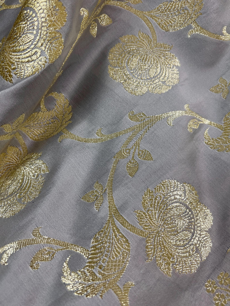 Pastel Gray Color Traditional Banarasi Satin Silk Saree with Muted Gold Zari Floral Jaal Weave - Kaash