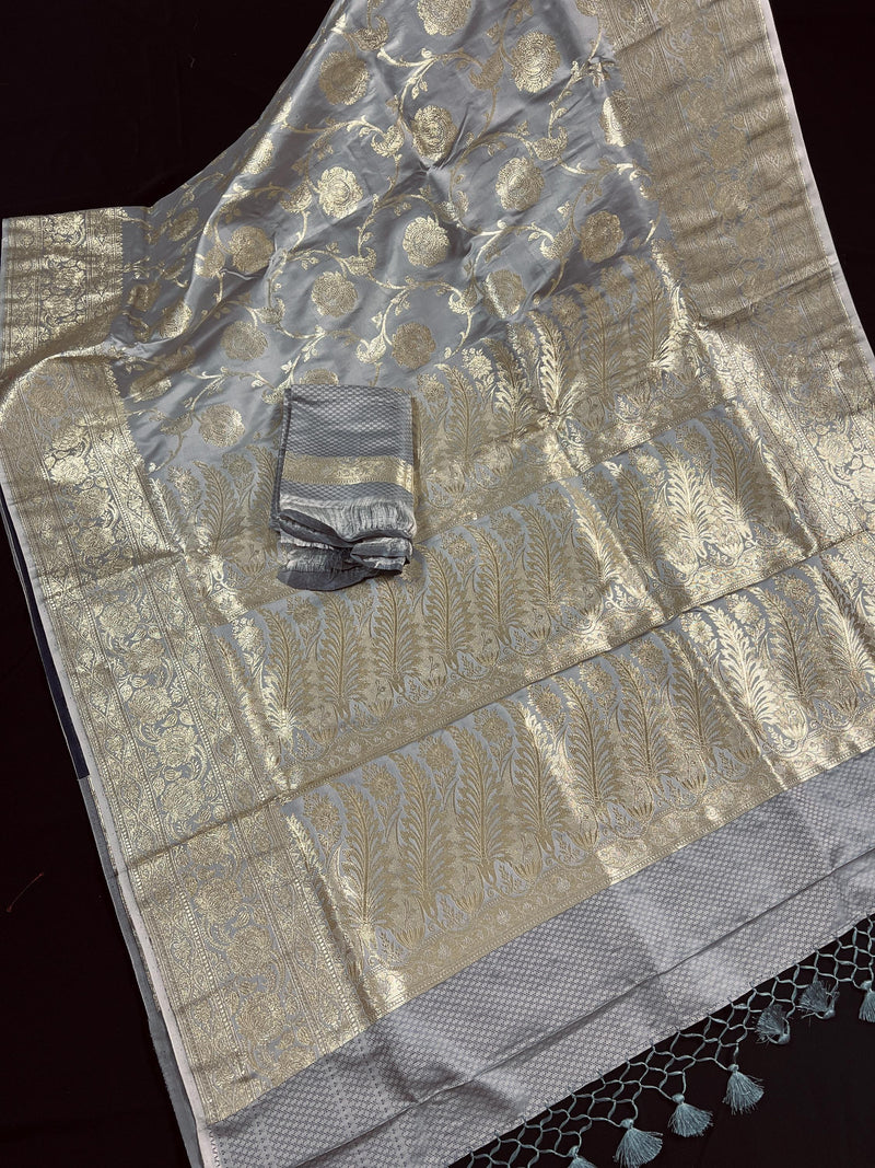 Pastel Gray Color Traditional Banarasi Satin Silk Saree with Muted Gold Zari Floral Jaal Weave - Kaash