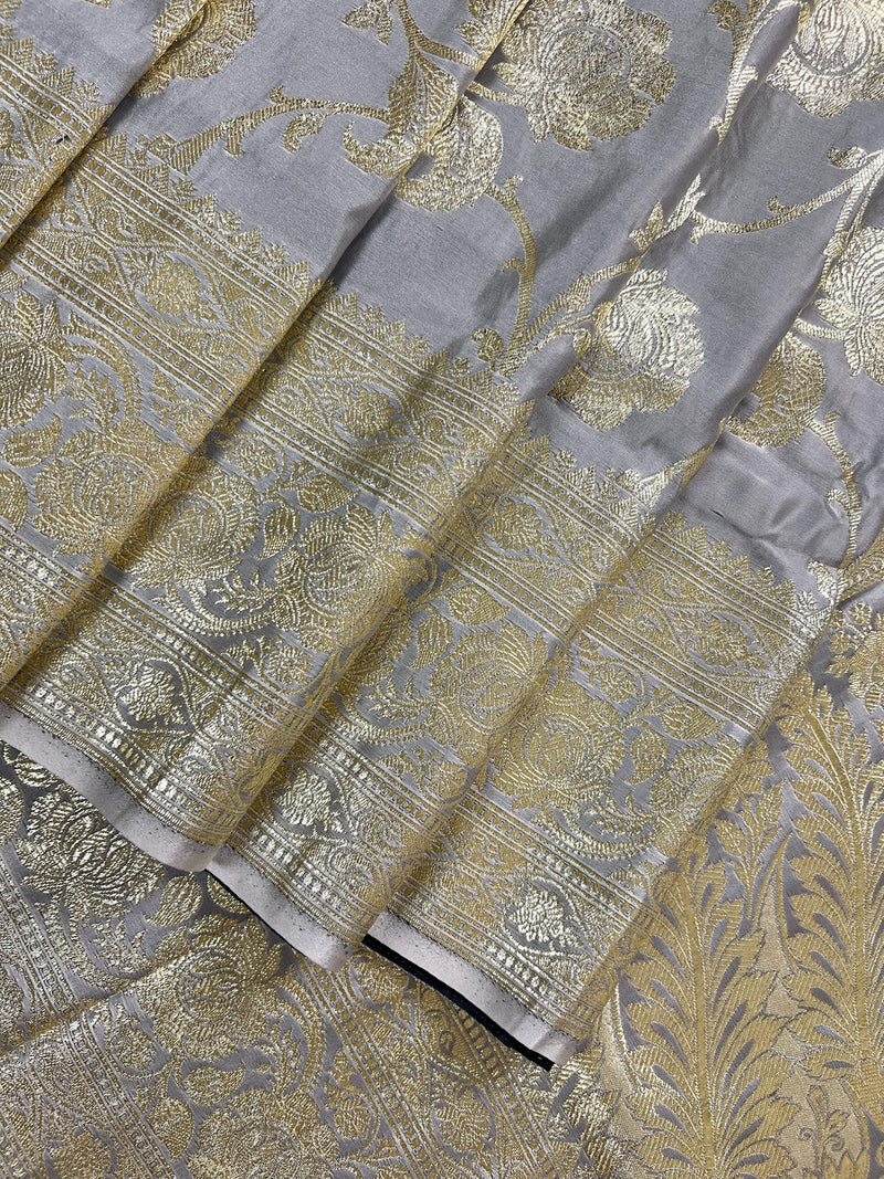 Pastel Gray Color Traditional Banarasi Satin Silk Saree with Muted Gold Zari Floral Jaal Weave - Kaash