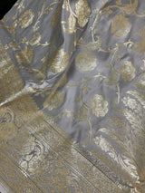 Pastel Gray Color Traditional Banarasi Satin Silk Saree with Muted Gold Zari Floral Jaal Weave - Kaash