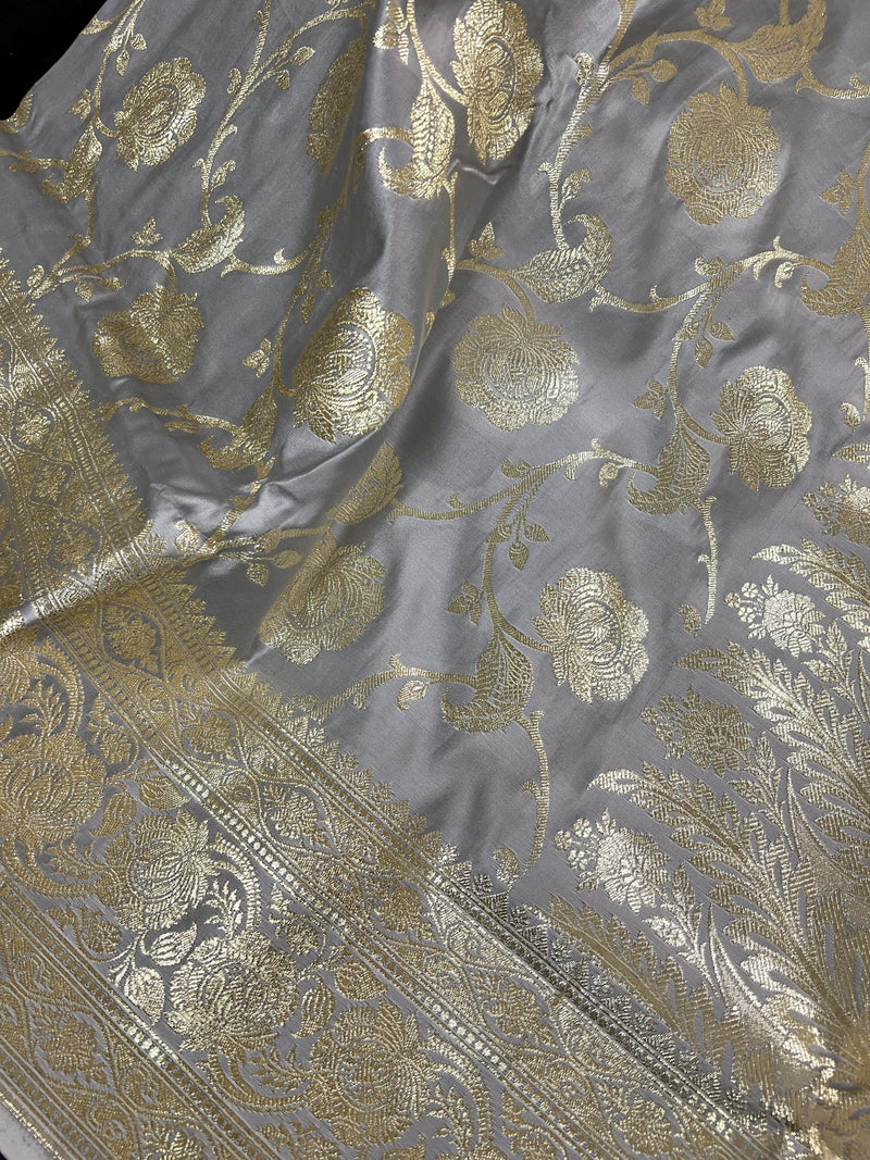 Pastel Gray Color Traditional Banarasi Satin Silk Saree with Muted Gold Zari Floral Jaal Weave - Kaash