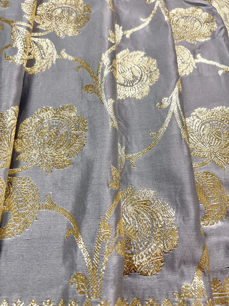 Pastel Gray Color Traditional Banarasi Satin Silk Saree with Muted Gold Zari Floral Jaal Weave - Kaash