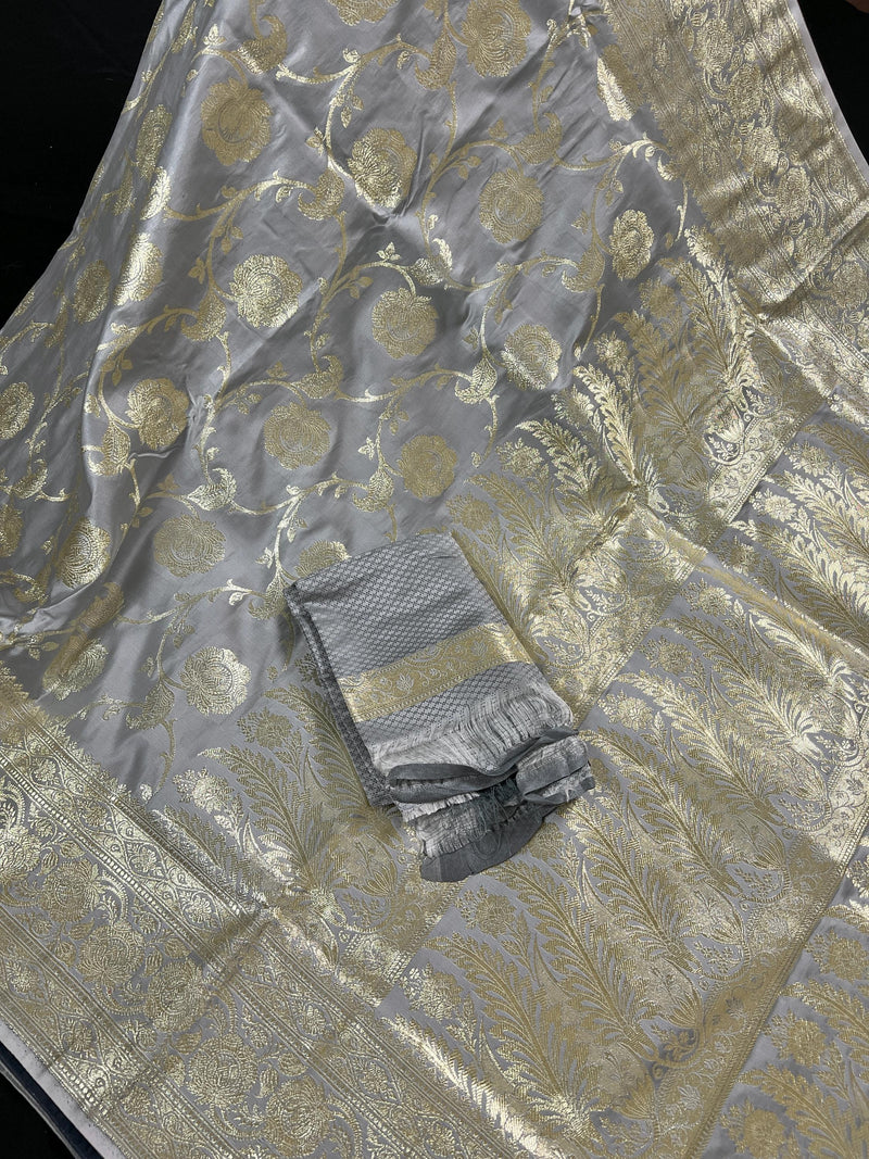 Pastel Gray Color Traditional Banarasi Satin Silk Saree with Muted Gold Zari Floral Jaal Weave - Kaash