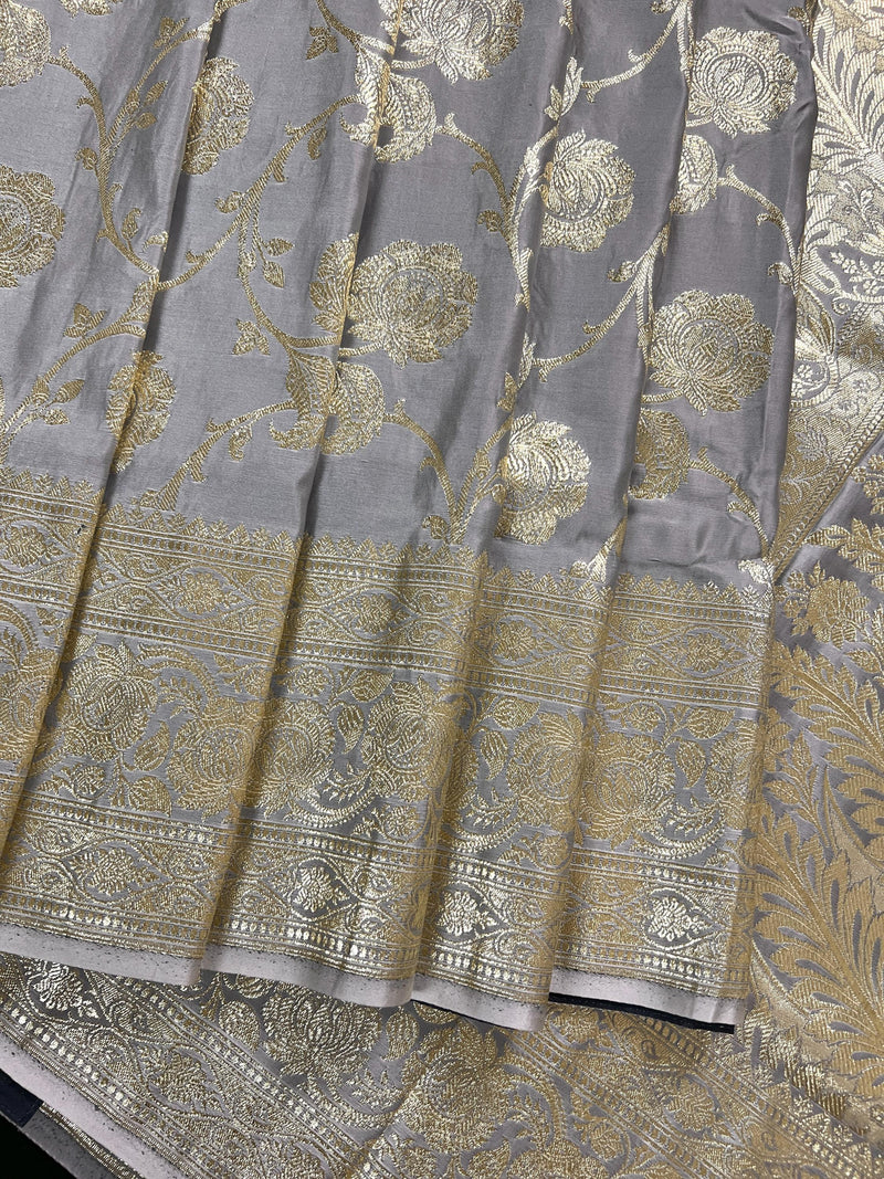 Pastel Gray Color Traditional Banarasi Satin Silk Saree with Muted Gold Zari Floral Jaal Weave - Kaash