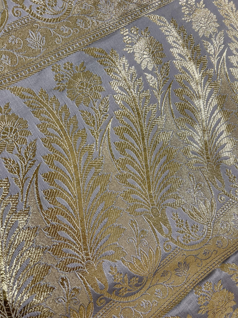 Pastel Gray Color Traditional Banarasi Satin Silk Saree with Muted Gold Zari Floral Jaal Weave - Kaash