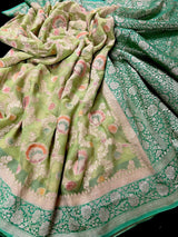 Pastel Green and Sea Green pure khaddi georgette banarasi silk saree with muted gold zari jaal & meenakari — Kaash Collection