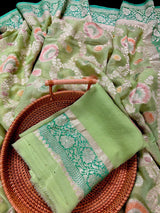 Pastel Green and Sea Green pure khaddi georgette banarasi silk saree with muted gold zari jaal & meenakari — Kaash Collection