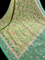 Pastel Green and Sea Green pure khaddi georgette banarasi silk saree with muted gold zari jaal & meenakari — Kaash Collection