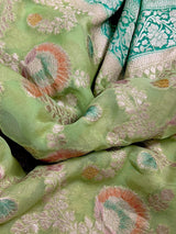 Pastel Green and Sea Green pure khaddi georgette banarasi silk saree with muted gold zari jaal & meenakari — Kaash Collection