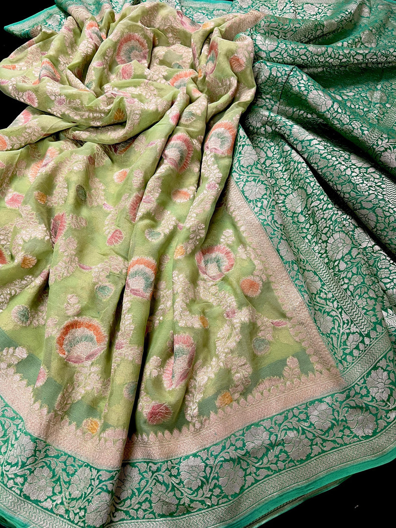 Pastel Green and Sea Green Color Pure Khaddi Georgette Banarasi Silk Saree | Floral Meenakari Jaal Silk Sari | SILK MARK CERTIFIED - Kaash