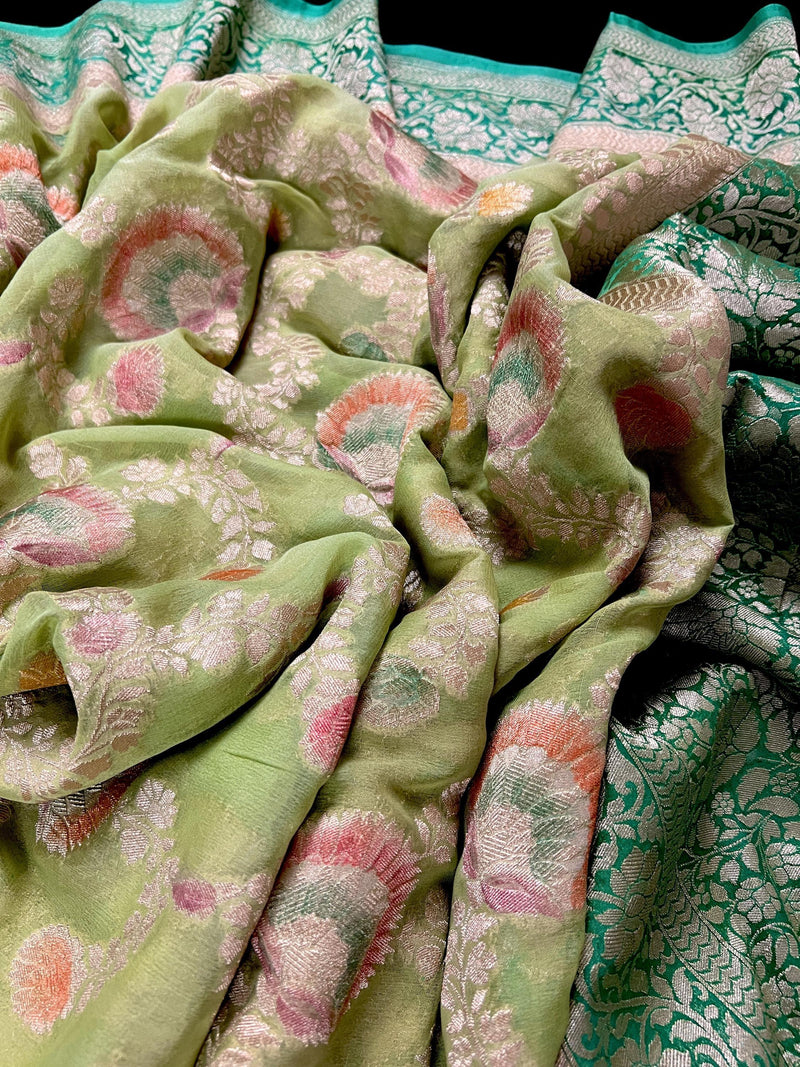 Pastel Green and Sea Green Color Pure Khaddi Georgette Banarasi Silk Saree | Floral Meenakari Jaal Silk Sari | SILK MARK CERTIFIED - Kaash