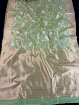 Pastel Green Color Linen Silk Saree with Banarasi Borders and Pallu and Floral Jaal Weave - Kaash