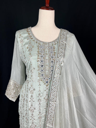 Pastel Grey readymade salwar kameez for women — pure chinon silk kameez, pant bottom, chiffon dupatta — Kaash Collection