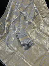 Pastel Grey with Hot Pink Border Banarasi saree in banarasi satin silk with muted gold zari floral jaal — Kaash Collection