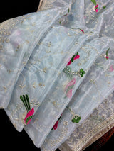 Pastel Ice Blue tissue net dupatta with silver zari & parrot motifs — Kaash Collection
