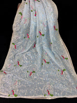 Pastel Ice Blue tissue net dupatta with silver zari & parrot motifs — Kaash Collection