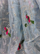 Pastel Ice Blue tissue net dupatta with silver zari & parrot motifs — Kaash Collection