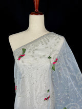 Pastel Ice Blue tissue net dupatta with silver zari & parrot motifs — Kaash Collection