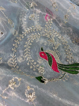 Pastel Ice Blue tissue net dupatta with silver zari & parrot motifs — Kaash Collection