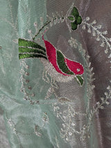Pastel Ice Green tissue net dupatta with silver zari & parrot motifs — Kaash Collection