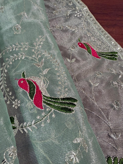 Pastel Ice Green tissue net dupatta with silver zari & parrot motifs — Kaash Collection