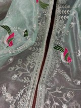 Pastel Ice Green tissue net dupatta with silver zari & parrot motifs — Kaash Collection