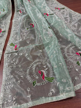 Pastel Ice Green tissue net dupatta with silver zari & parrot motifs — Kaash Collection