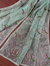 Pastel Ice Green tissue net dupatta with silver zari & parrot motifs — Kaash Collection