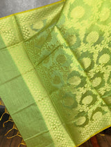 Pastel Light Green Semi Silk dupatta in cotton silk (non-pure) with floral jaal with muted gold zari — Kaash Collection