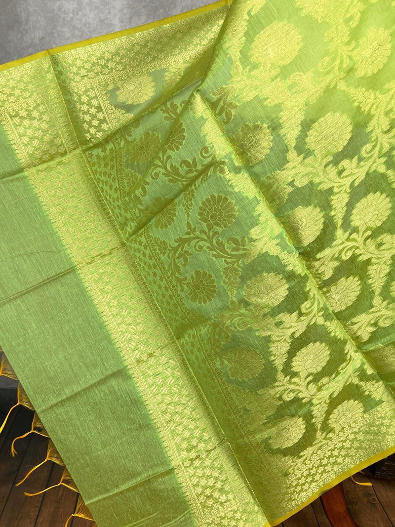 Pastel Light Green Semi Silk dupatta in cotton silk (non-pure) with floral jaal with muted gold zari — Kaash Collection
