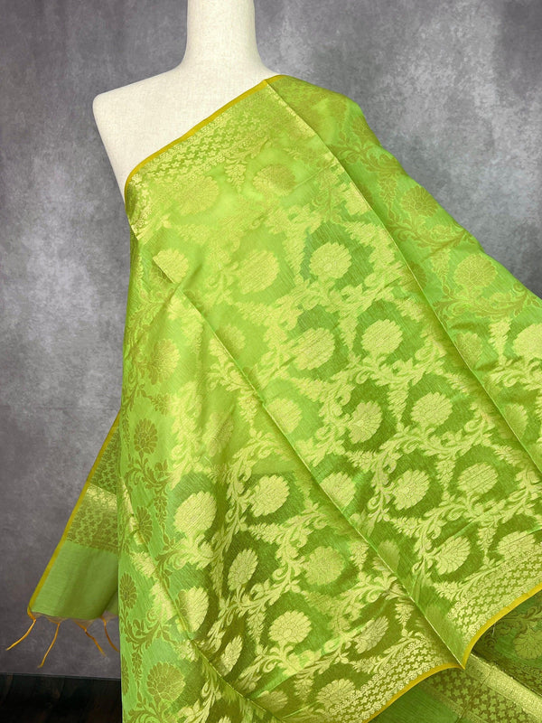 Pastel Light Green Color Benarasi Handwoven Semi Silk Dupatta with Muted Gold Zari Weaving | Dupatta | Stole | Scarf | Dupattas for Wedding - Kaash