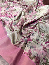 Pastel Lilac Floral Linen Cotton saree in linen blend cotton silk with floral print with subtle tissue border — Kaash Collection