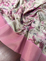 Pastel Lilac Floral Linen Cotton saree in linen blend cotton silk with floral print with subtle tissue border — Kaash Collection