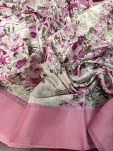 Pastel Lilac Floral Linen Cotton saree in linen blend cotton silk with floral print with subtle tissue border — Kaash Collection