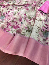 Pastel Lilac Floral Linen Cotton saree in linen blend cotton silk with floral print with subtle tissue border — Kaash Collection