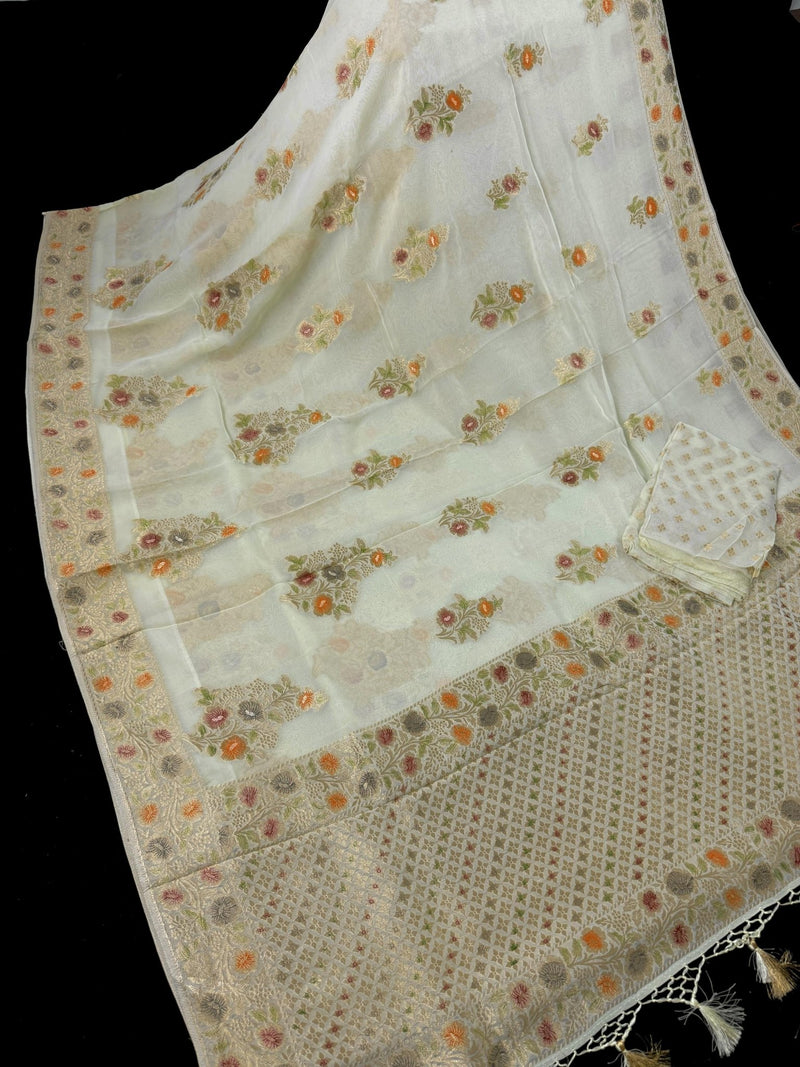 Pastel Lime semi pure khaddi georgette silk saree with hand-brush paint with floral weave — Kaash Collection
