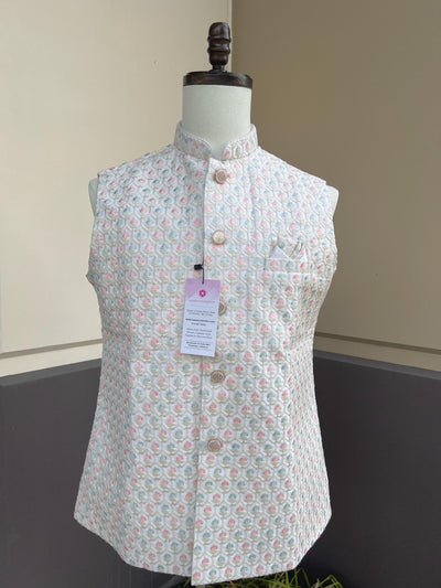 Pastel Off White Jacket for Men with Intricate Embroidery, thread and Sequence Work - Kaash